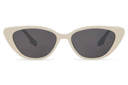 Beige cat eye sunglasses with tinted lenses and minimal lightweight frame design