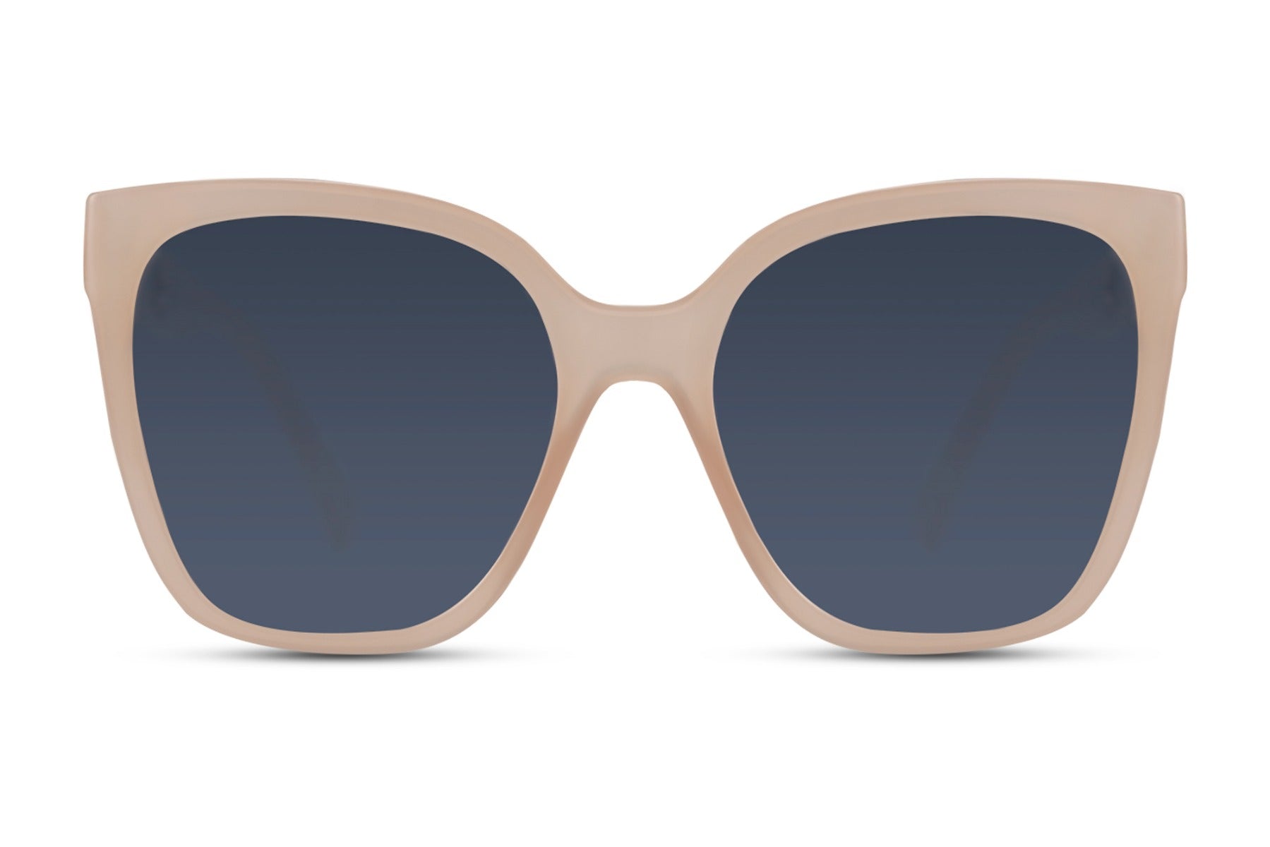 Cat eye sunglasses with beige frame and blue lenses combining eco-conscious materials with modern style