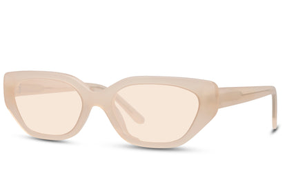 Beige geometric cat eye sunglasses with lightweight frame and subtle tinted lenses for everyday wear