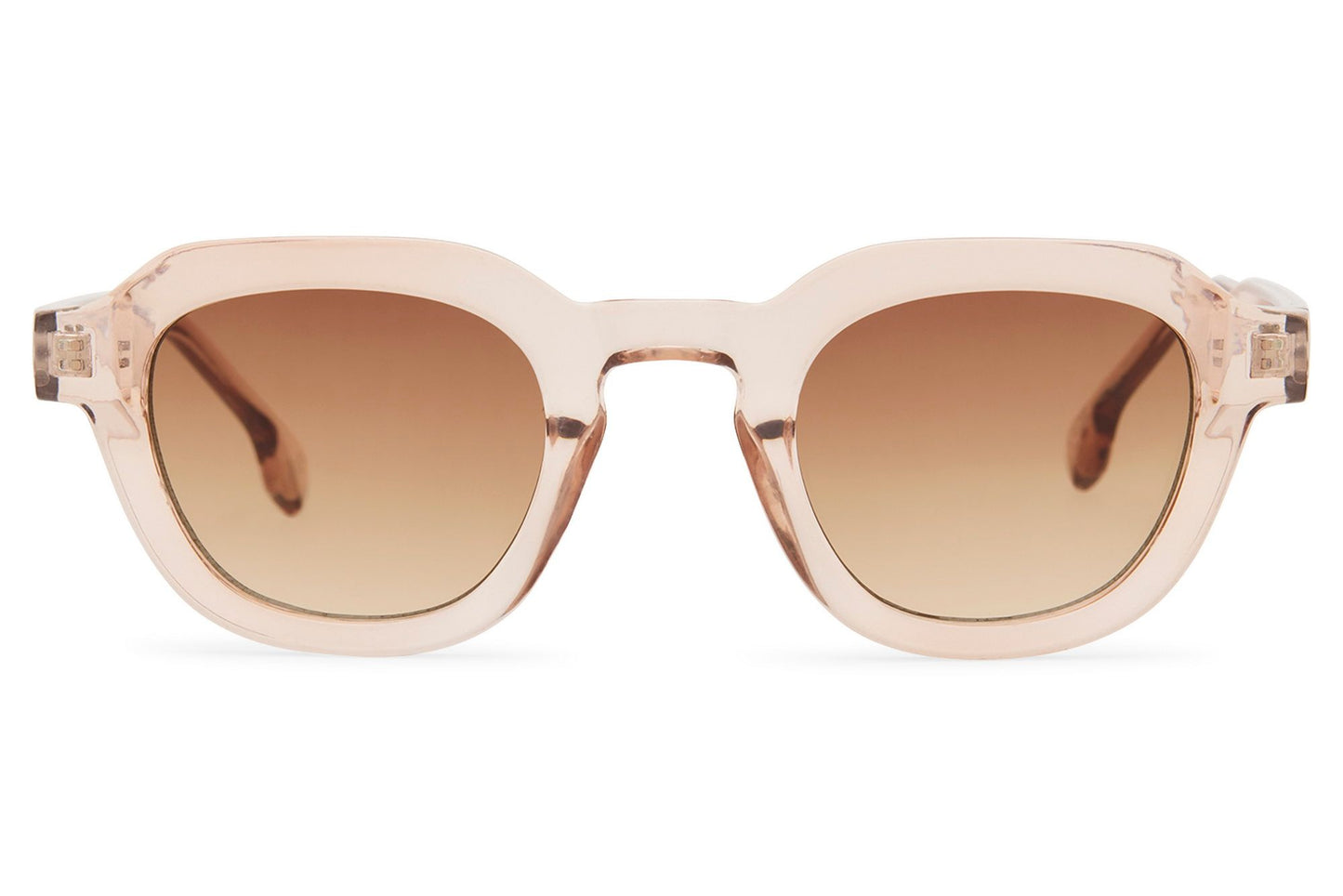 Beige square sunglasses with lightweight recycled frame and soft tinted lenses for minimalist fashion looks
