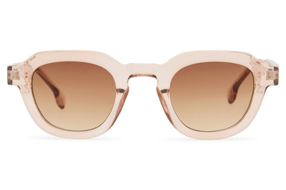 Beige square sunglasses with lightweight recycled frame and soft tinted lenses for minimalist fashion looks