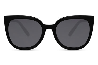 Black cat eye sunglasses with tinted lenses and structured oversized frame