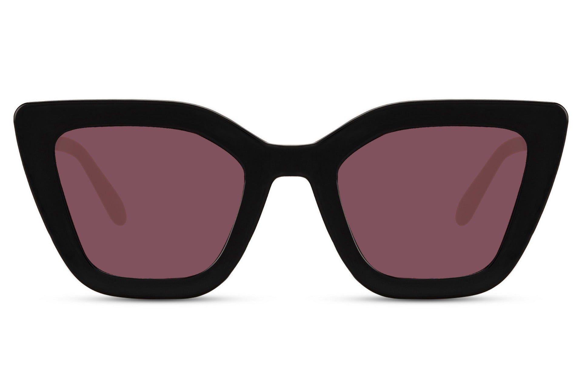Black cat eye sunglasses with purple tinted lenses in a statement silhouette, combining bold design with everyday wearability