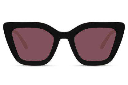 Black cat eye sunglasses with purple tinted lenses in a statement silhouette, combining bold design with everyday wearability
