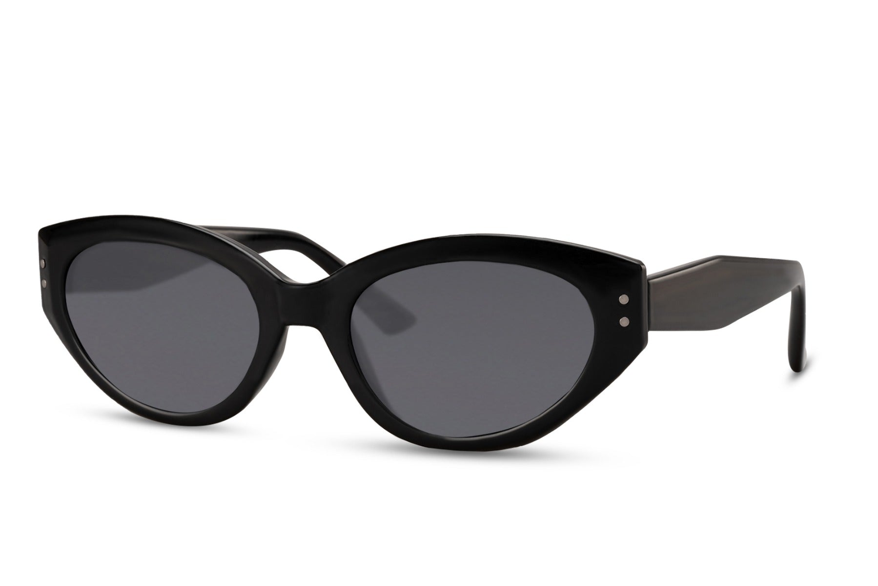 Side view of black cat eye sunglasses showing an elegant and structured frame design