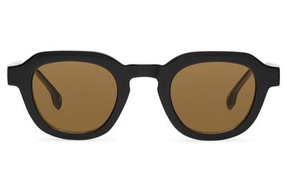 Black eco square sunglasses with brown polycarbonate lenses for casual streetwear and travel outfits