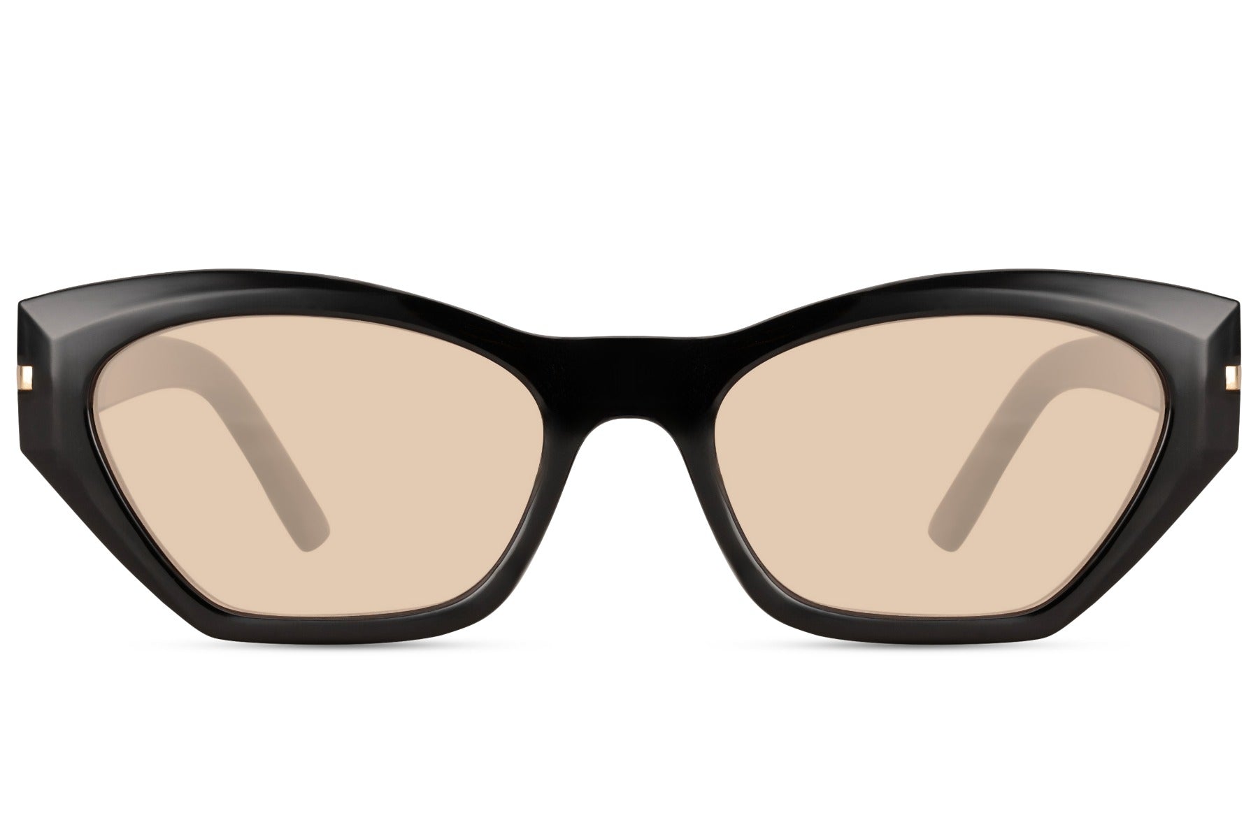 Black frame geometric cat eye sunglasses with bold angular frame and tinted lenses