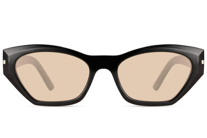 Black frame geometric cat eye sunglasses with bold angular frame and tinted lenses