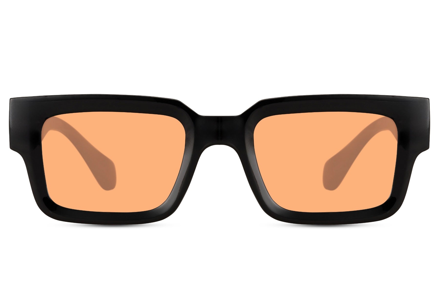 Sunglasses with black frame and orange-tinted lenses for day time comfort 