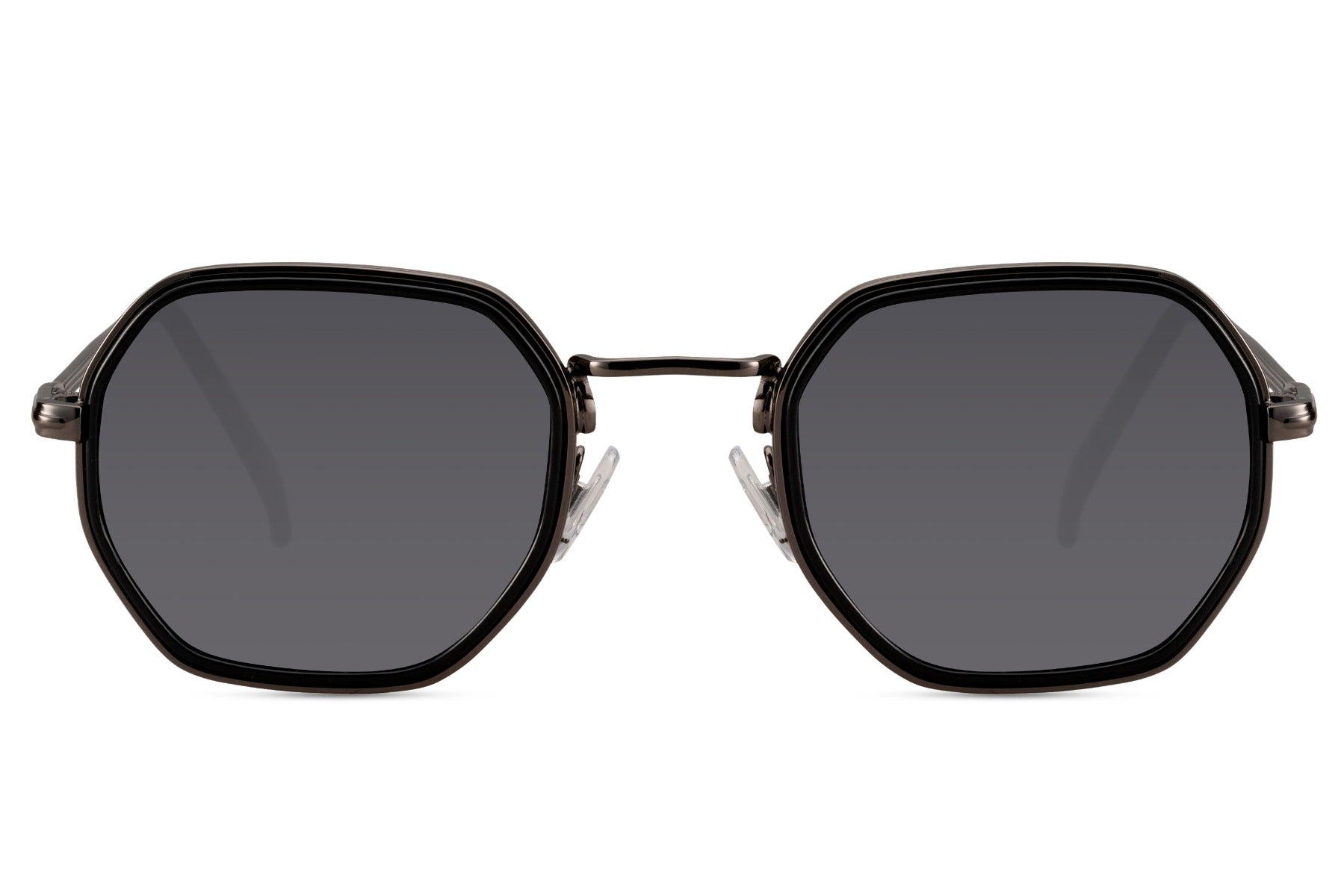 Modern geometric square sunglasses with black lenses and slim metal frame for men and women everyday styling