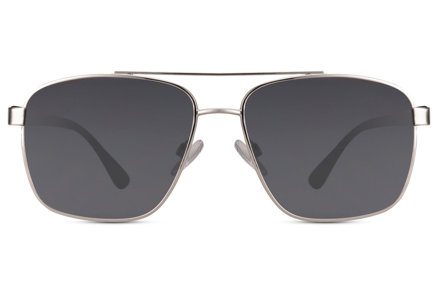 Black lens aviator sunglasses with a metal frame, offering a bold and clean look for modern outfits