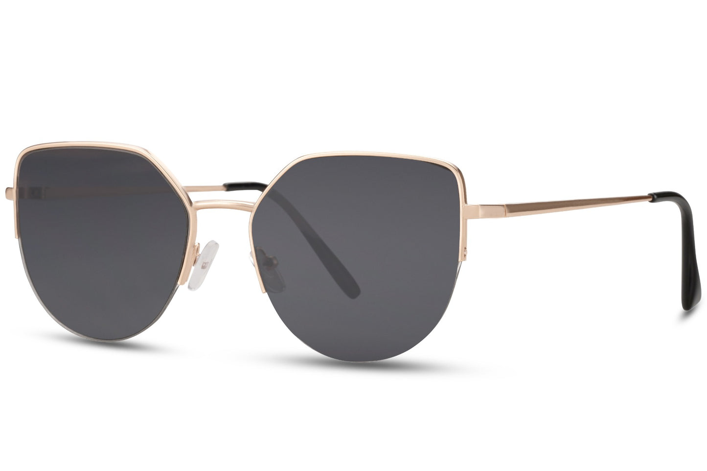 Metal cat eye sunglasses with black tinted lenses and sleek lightweight frame