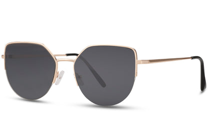 Metal cat eye sunglasses with black tinted lenses and sleek lightweight frame
