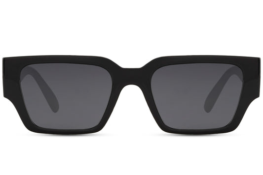 Unisex black frame rectangle eyewear with dark lenses by Sunglass Station, sleek minimalist sunglasses designed for a modern and sophisticated everyday look, available online with free shipping across the UK and Europe