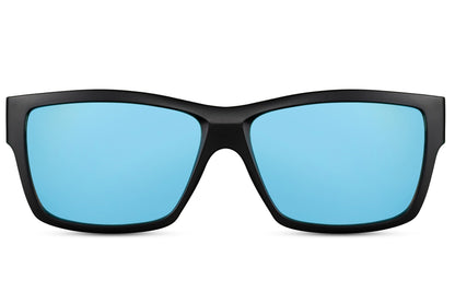 Black rectangle sunglasses with blue lenses by Sunglass Station, unisex eyewear with a clean design and UV protection