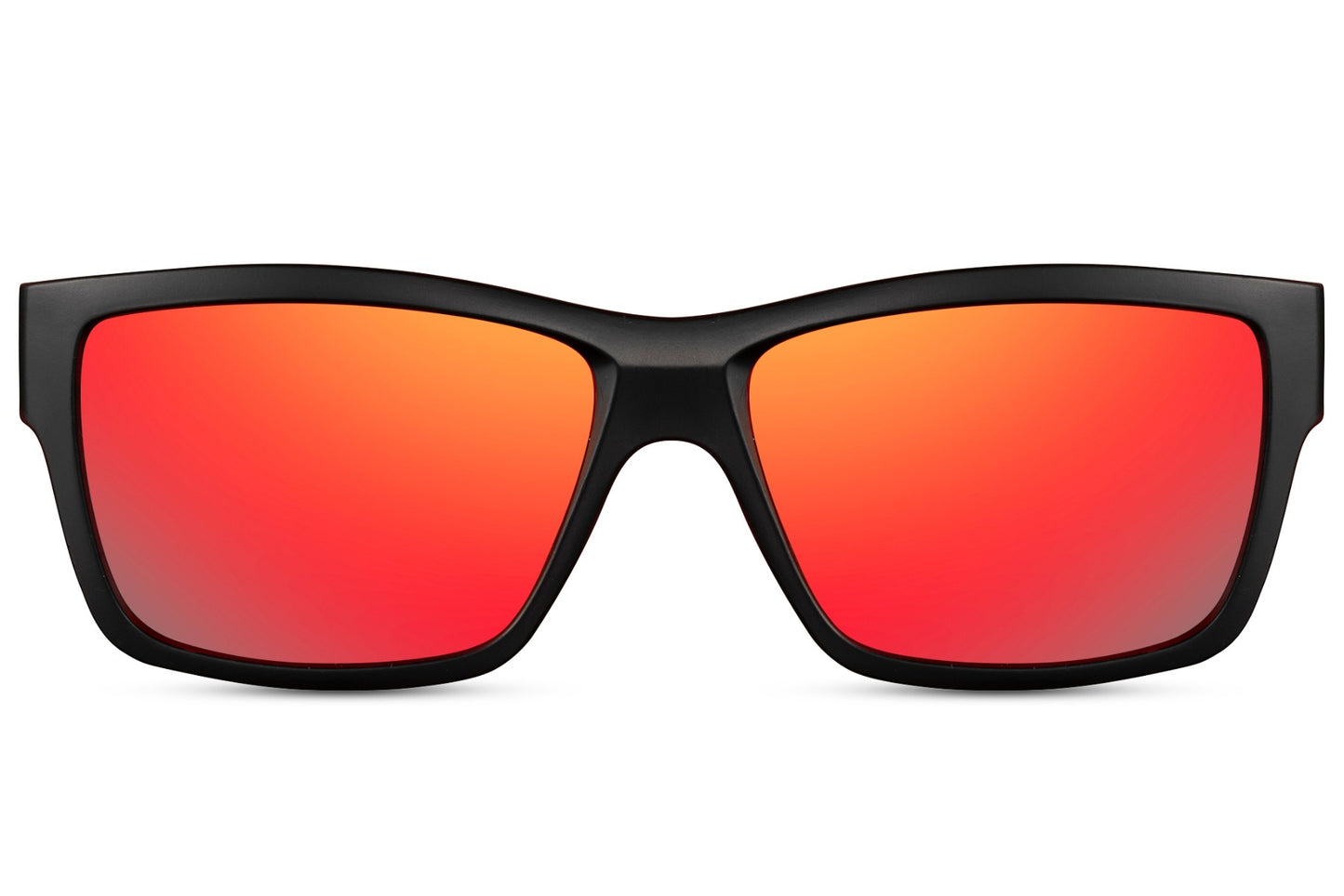 Black rectangle sunglasses with black frame and red mirror lenses by Sunglass Station, bold unisex eyewear with UV protection and lightweight eco-friendly materials, available with free shipping across the UK and Europe