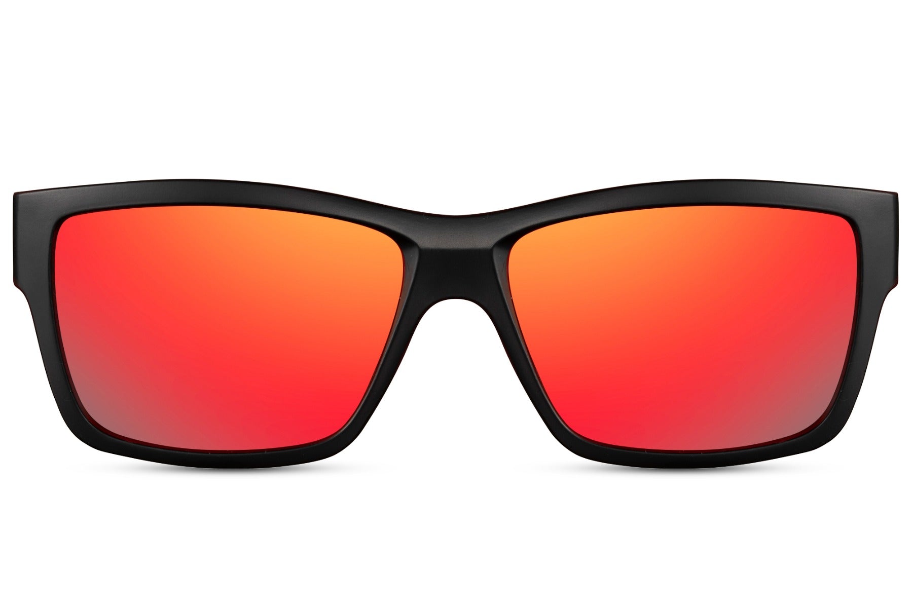 Black rectangle sunglasses with black frame and red mirror lenses by Sunglass Station, bold unisex eyewear with UV protection and lightweight eco-friendly materials, available with free shipping across the UK and Europe
