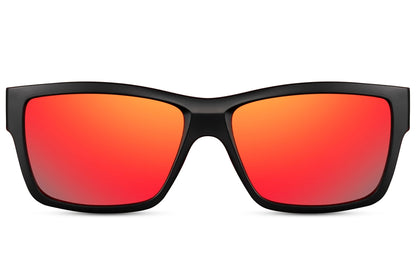 Black rectangle sunglasses with black frame and red mirror lenses by Sunglass Station, bold unisex eyewear with UV protection and lightweight eco-friendly materials, available with free shipping across the UK and Europe