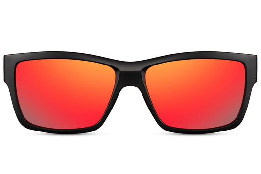 Black rectangle sunglasses with black frame and red mirror lenses by Sunglass Station, bold unisex eyewear with UV protection and lightweight eco-friendly materials, available with free shipping across the UK and Europe