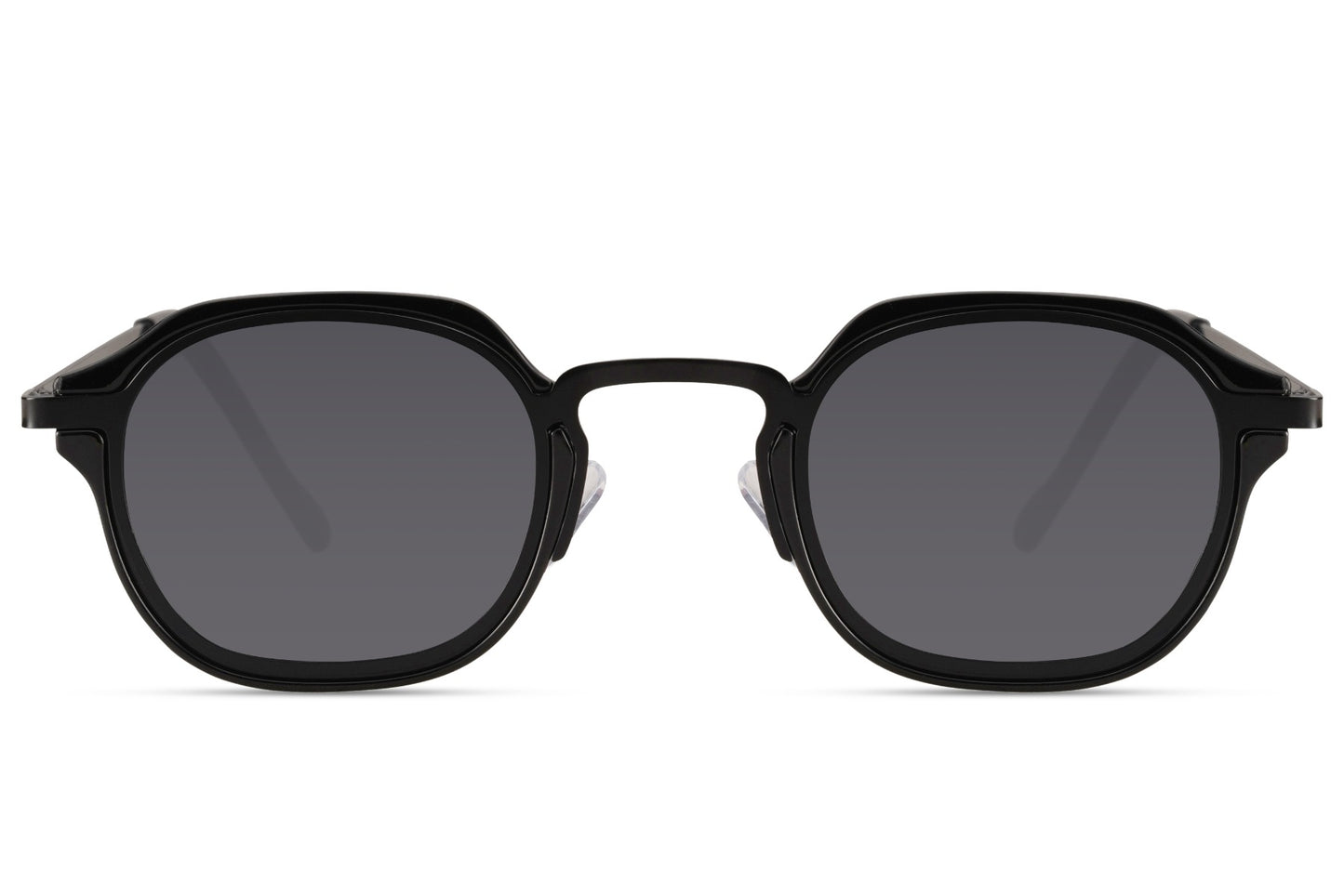 Modern men’s black small square sunglasses with translucent polycarbonate lenses and lightweight metal frame