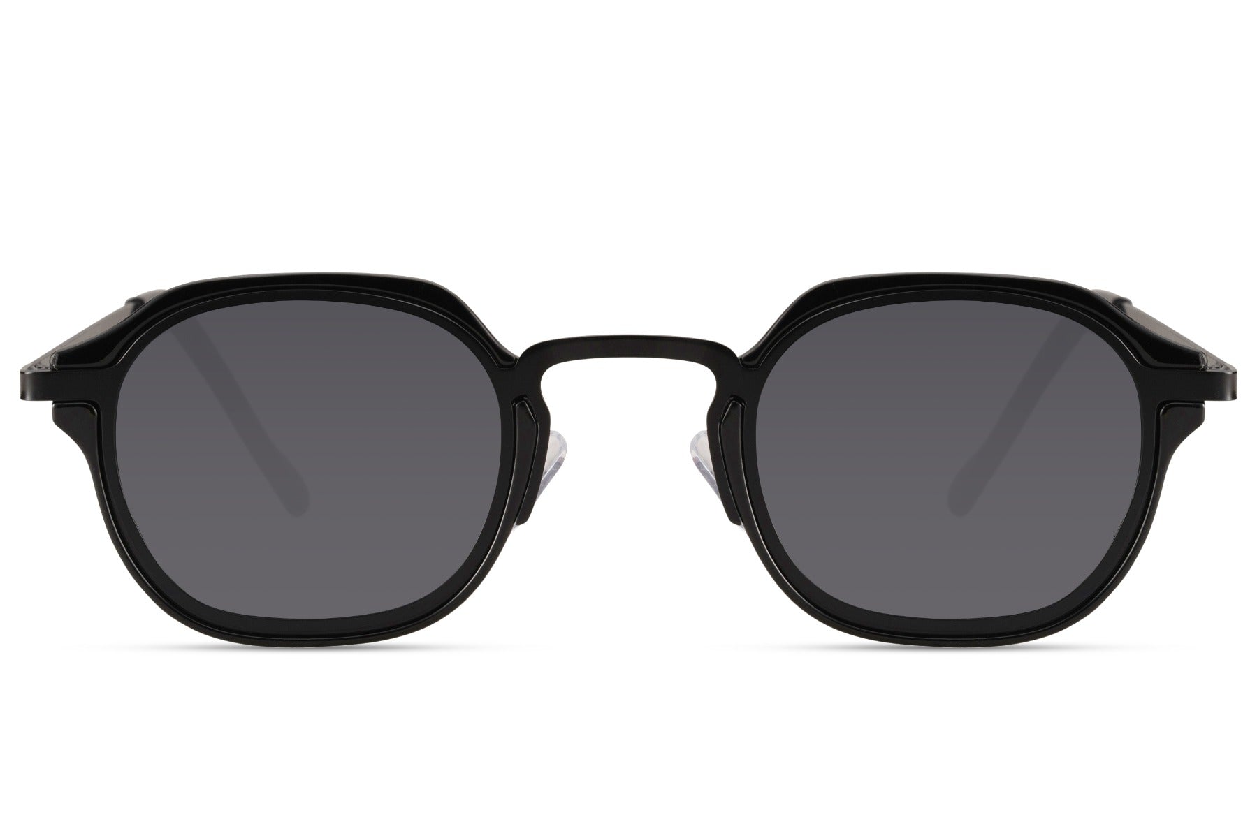 Modern men’s black small square sunglasses with translucent polycarbonate lenses and lightweight metal frame