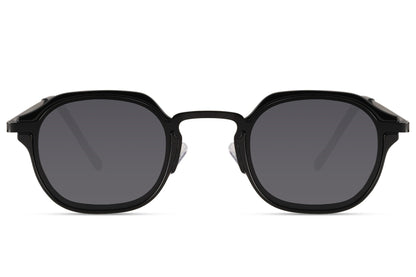 Modern men’s black small square sunglasses with translucent polycarbonate lenses and lightweight metal frame