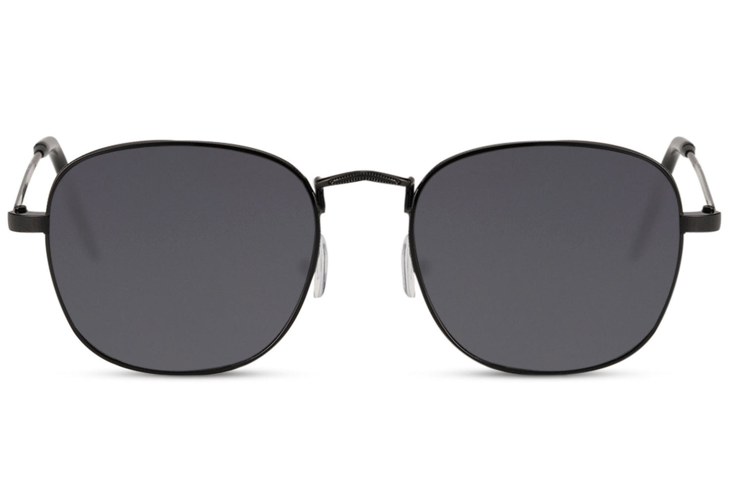 Black square sunglasses with slim metal frame and smoky UV protection lenses for modern everyday fashion