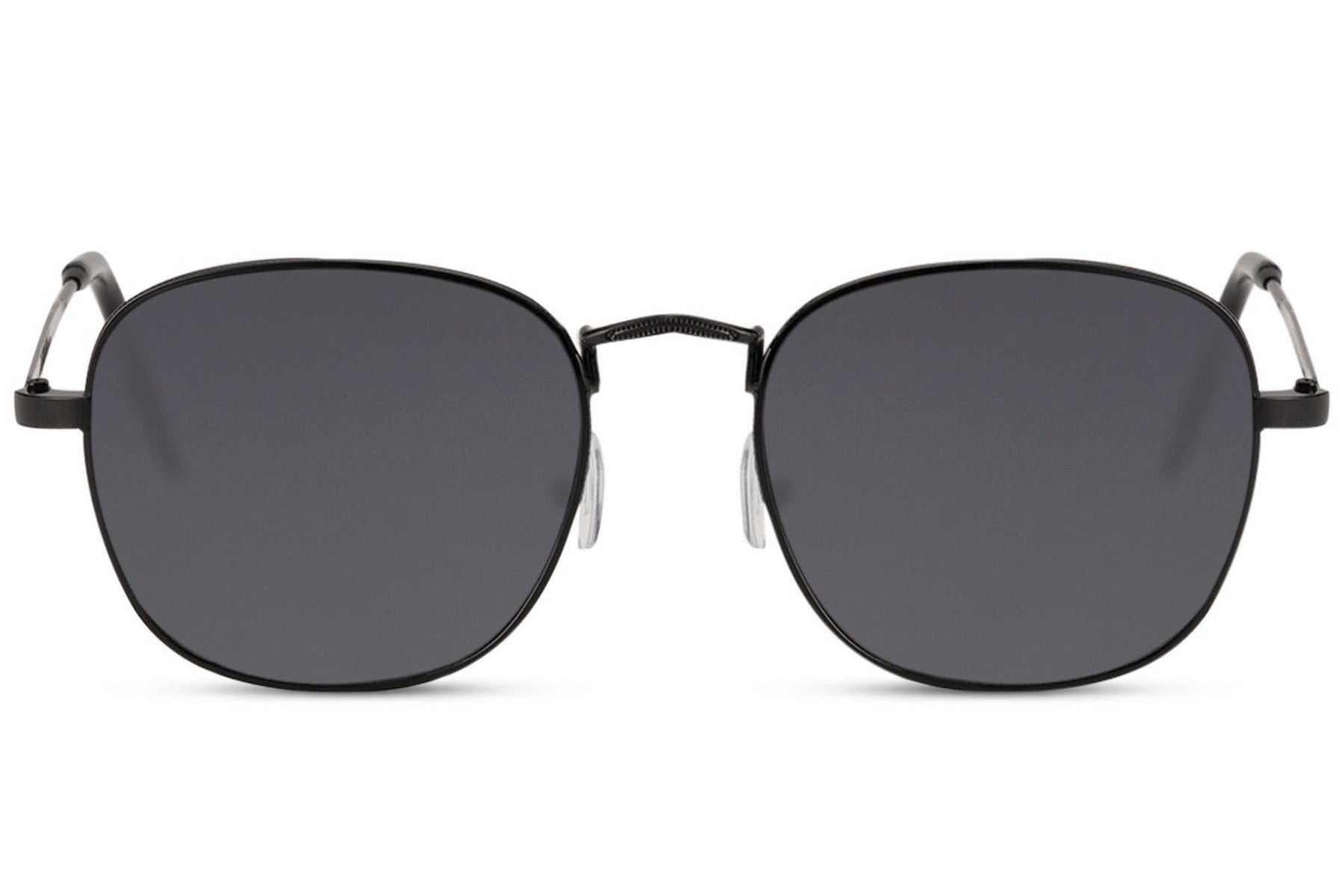 Black square sunglasses with slim metal frame and smoky UV protection lenses for modern everyday fashion