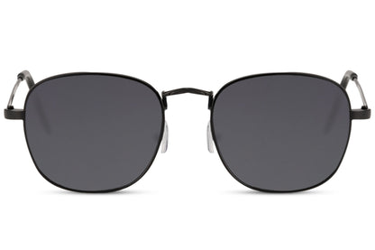 Black square sunglasses with slim metal frame and smoky UV protection lenses for modern everyday fashion