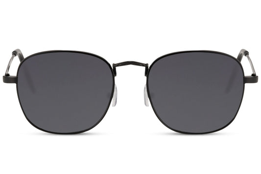 Black square sunglasses with slim metal frame and smoky UV protection lenses for modern everyday fashion