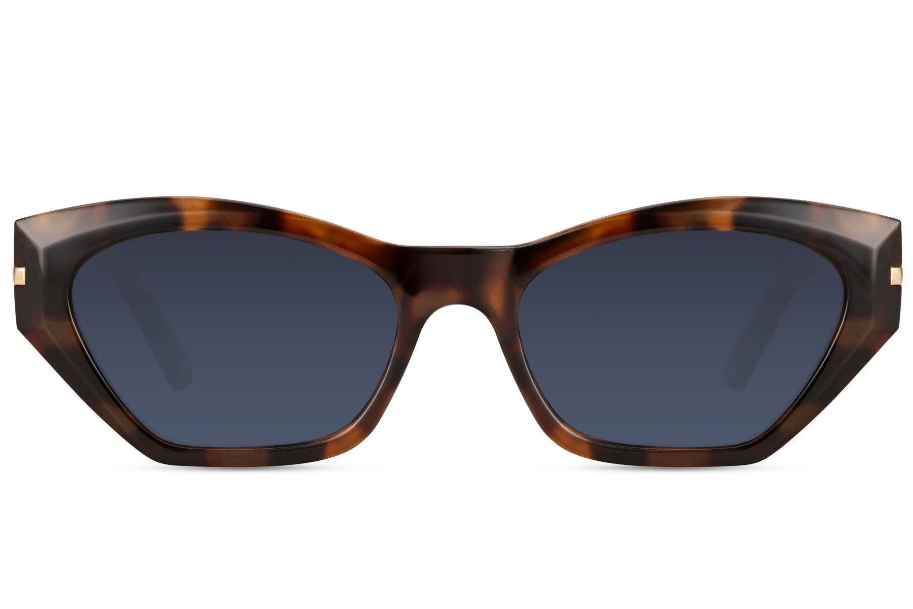Blue geometric cat eye sunglasses with bold angular frame and tinted lenses