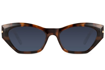 Blue geometric cat eye sunglasses with bold angular frame and tinted lenses