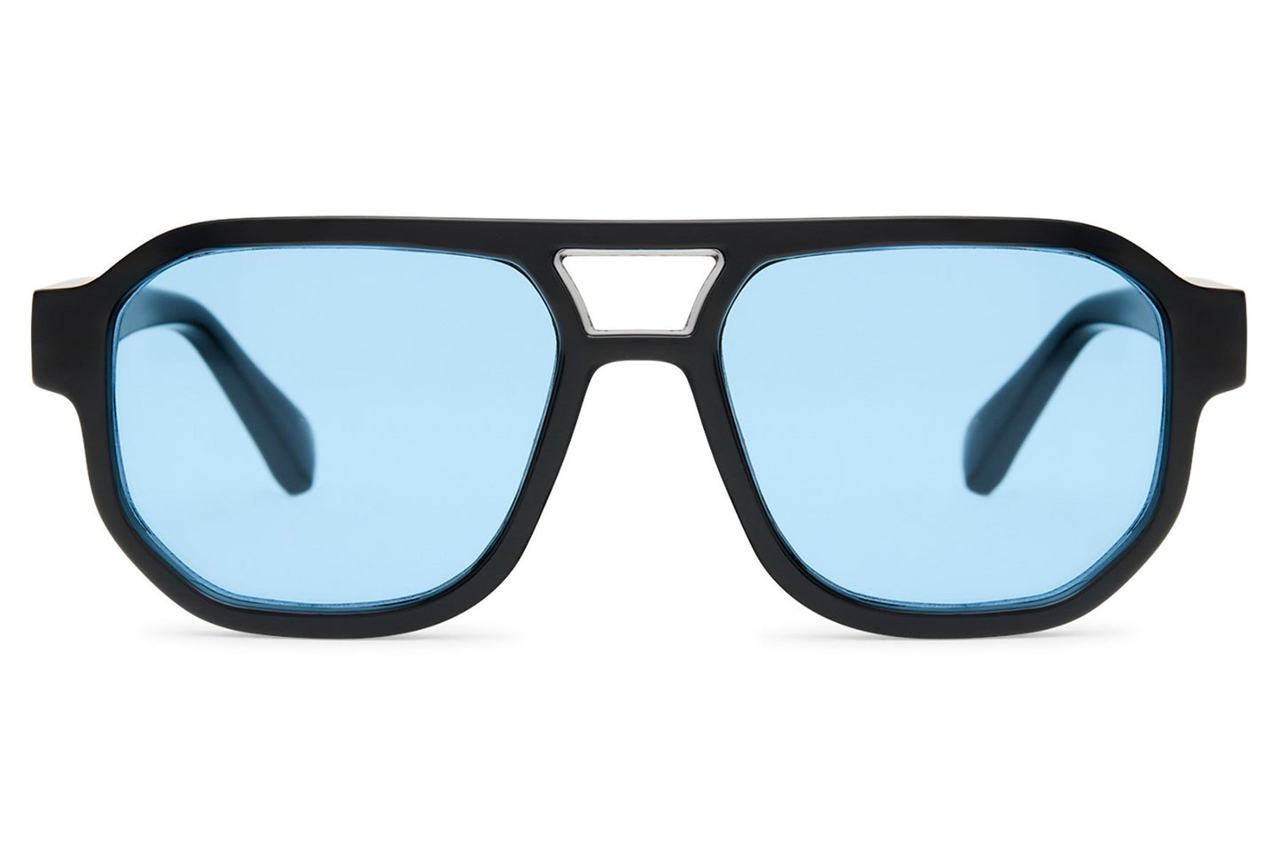 Blue lens aviator sunglasses combining retro shape with a chic modern edge, ideal for everyday fashion styling
