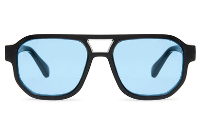 Blue lens aviator sunglasses combining retro shape with a chic modern edge, ideal for everyday fashion styling