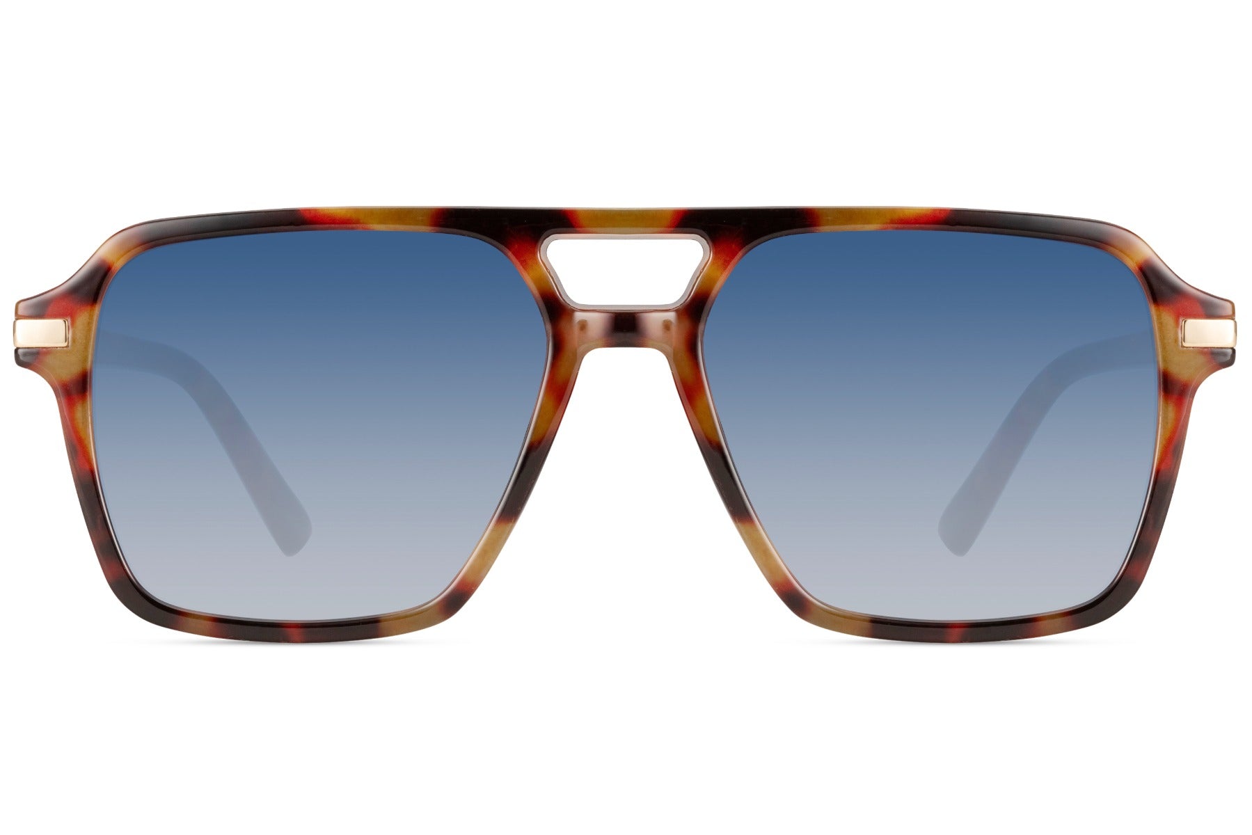 Blue lens aviator sunglasses with tortoiseshell frame, blending retro fashion with a bold and contemporary edge