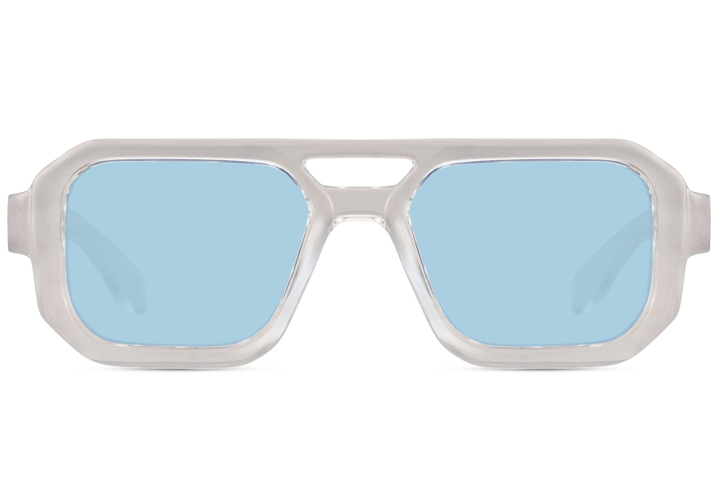 Geometric aviator sunglasses with blue lenses, suitable for clean everyday styling and relaxed outfits