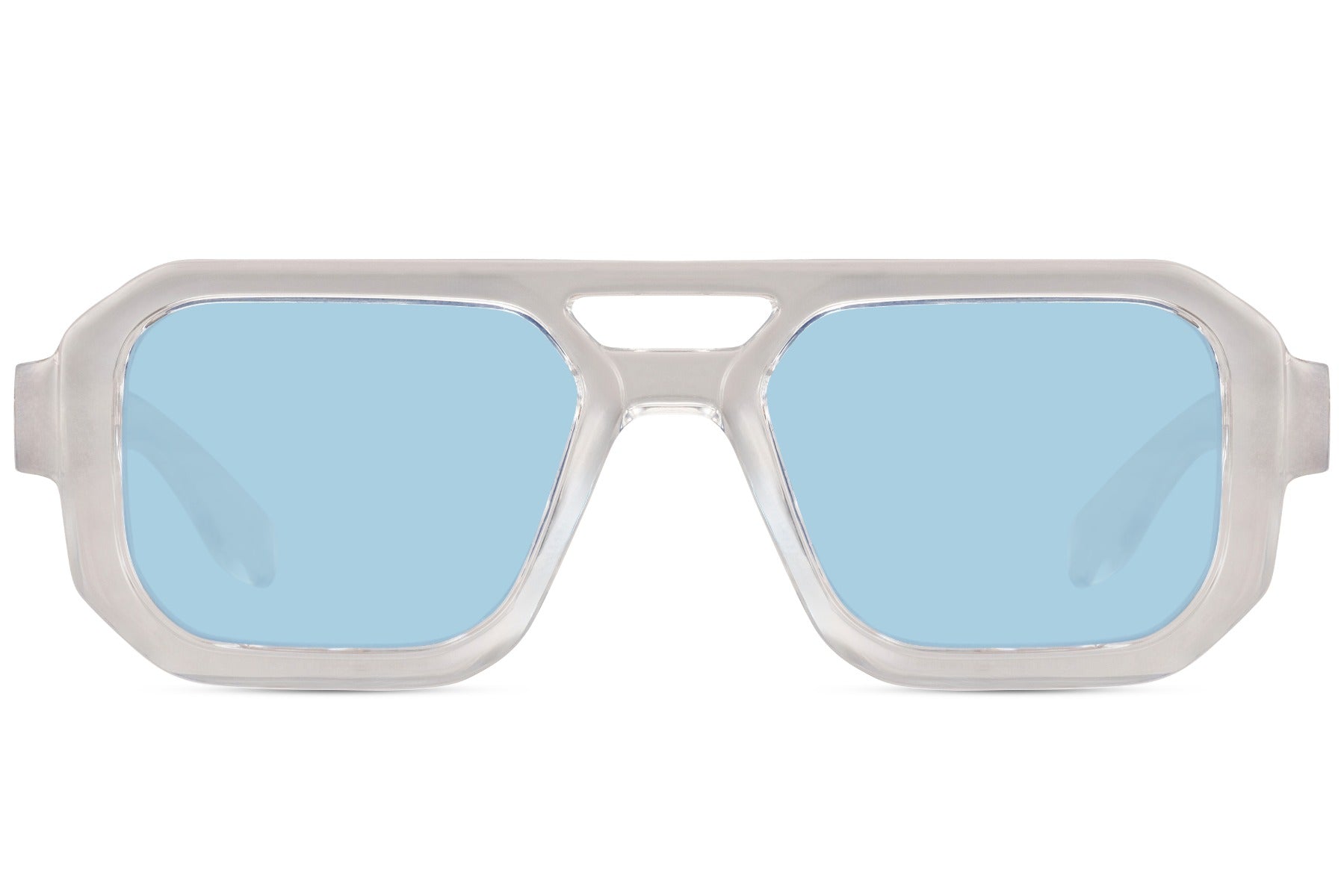 Geometric aviator sunglasses with blue lenses, suitable for clean everyday styling and relaxed outfits