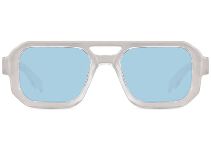 Geometric aviator sunglasses with blue lenses, suitable for clean everyday styling and relaxed outfits