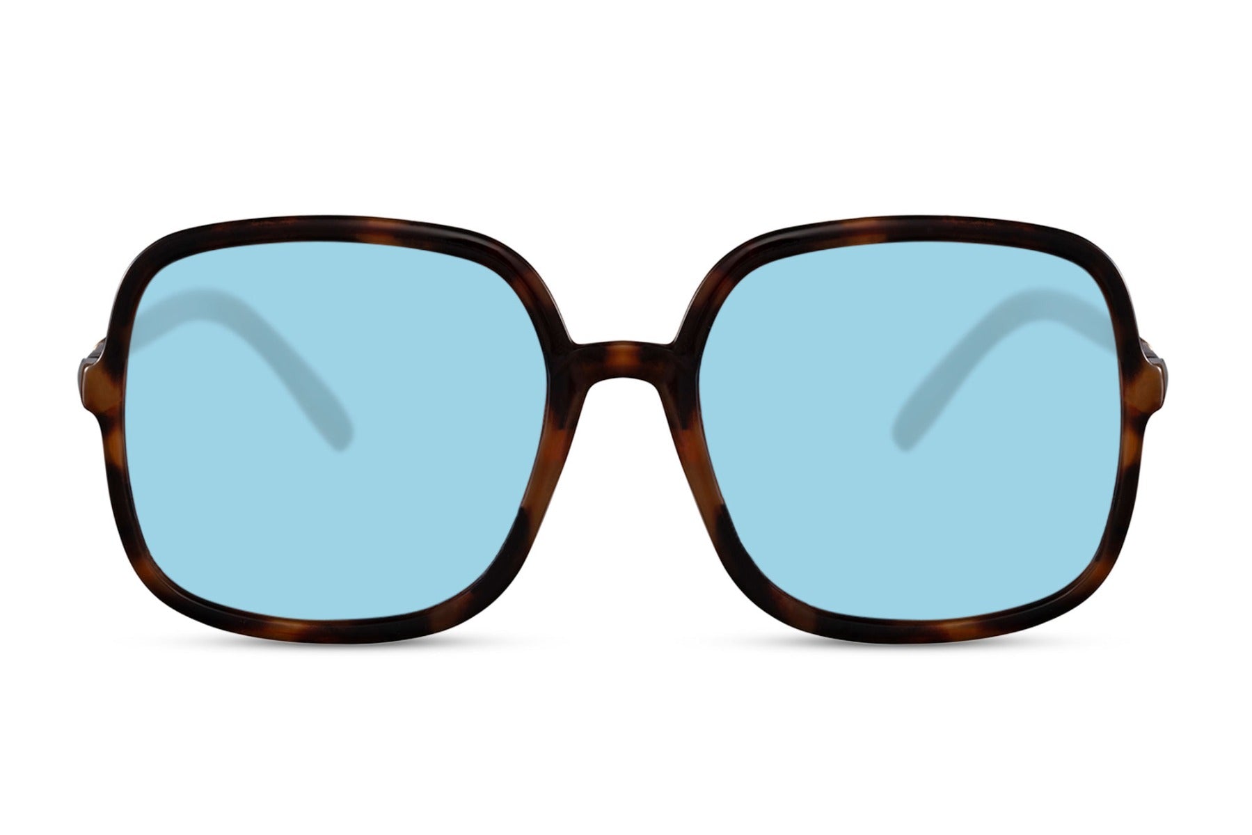 Blue lens oversized sunglasses with modern black frame, fashionable women sunglasses for travel, city outfits and sunny day wear