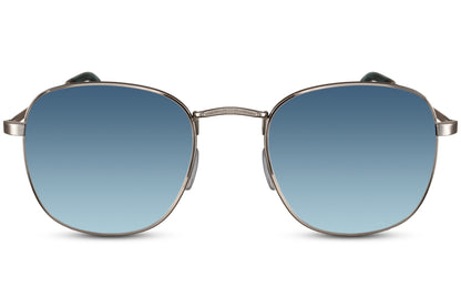 Square sunglasses with blue lenses and geometric metal frame for minimalist fashion and casual styling