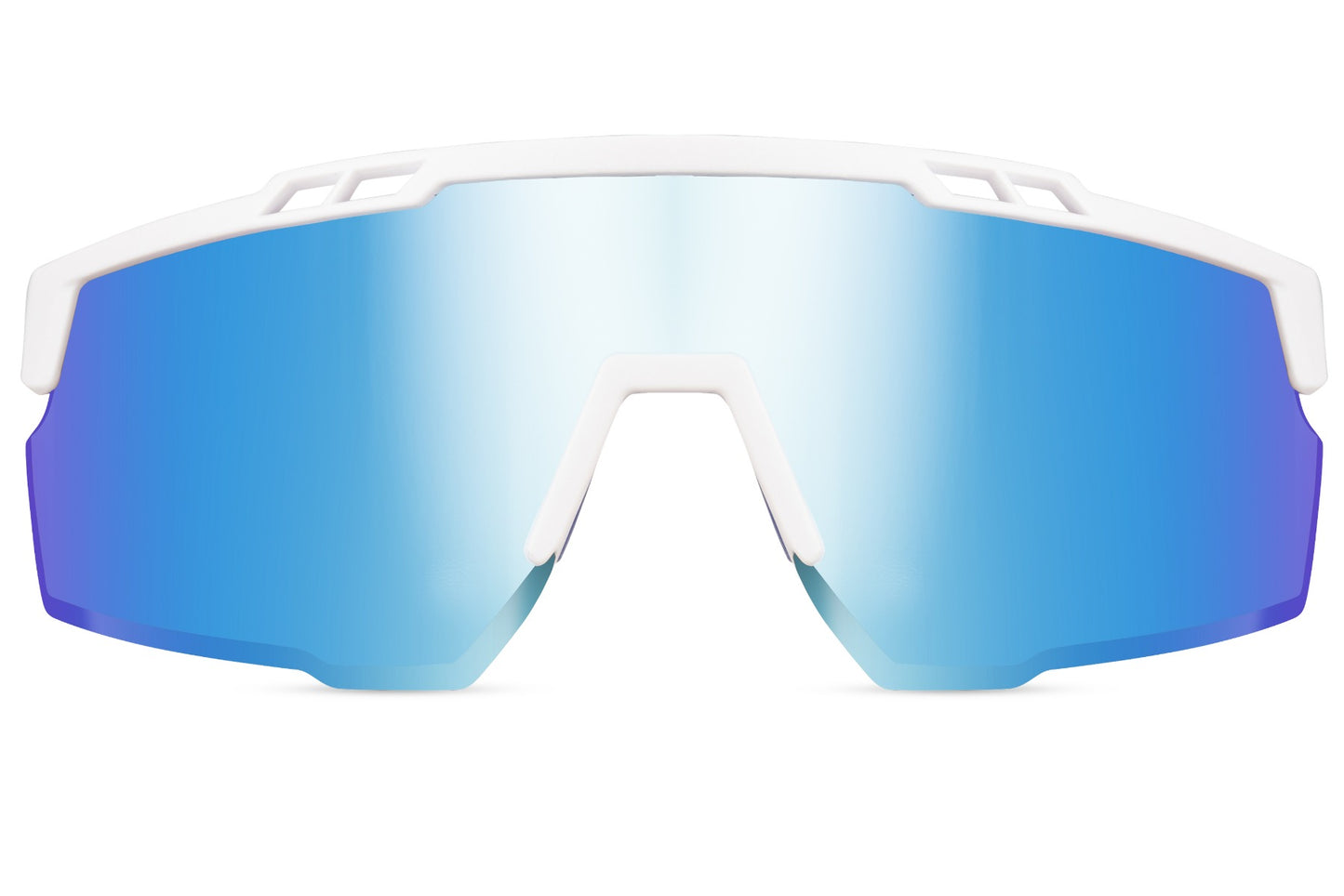 white frame and blue lens sports sunglasses with mirrored shielded lens 