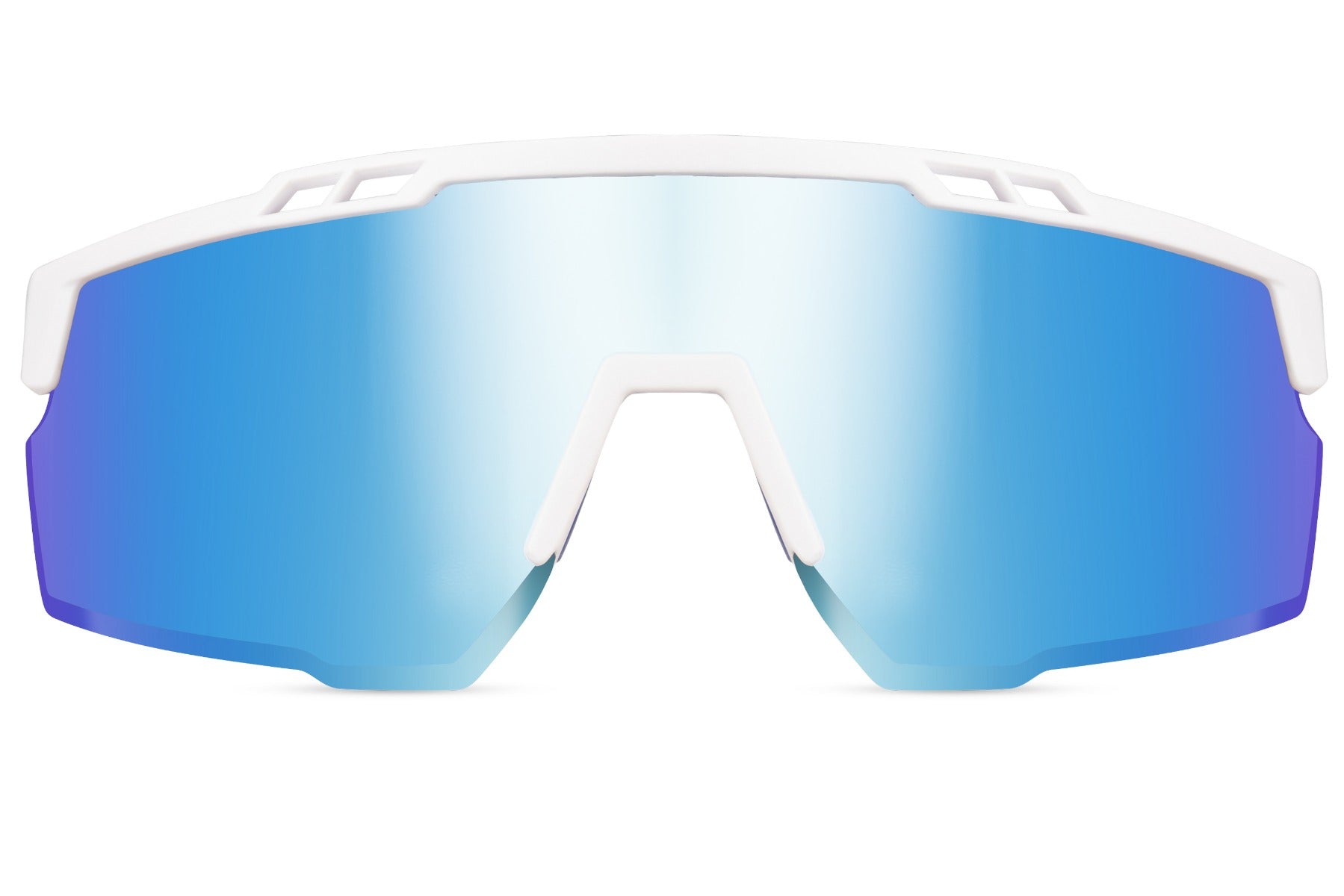 white frame and blue lens sports sunglasses with mirrored shielded lens 