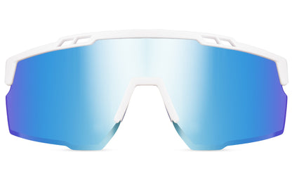 white frame and blue lens sports sunglasses with mirrored shielded lens 