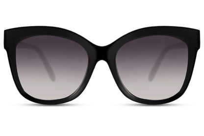 Bold eco cat eye sunglasses with black gradient lenses made from recycled materials and offering UV protection