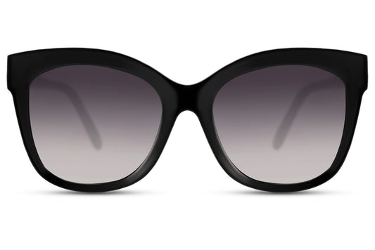 Bold eco cat eye sunglasses with black gradient lenses made from recycled materials and offering UV protection