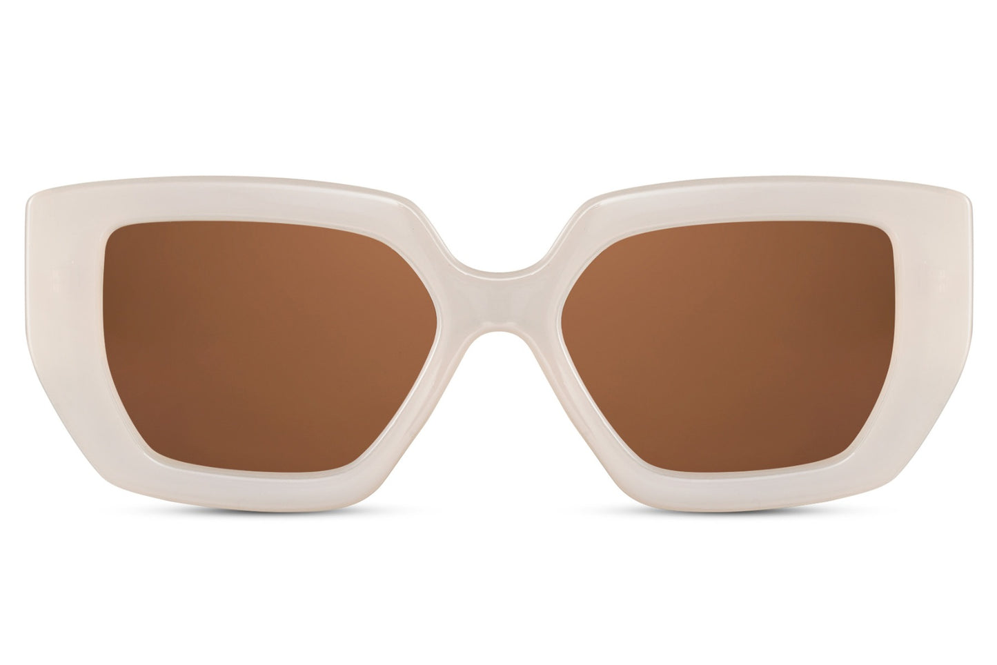 Bold geometric square sunglasses with white frame and brown UV protection lenses for statement fashion styling