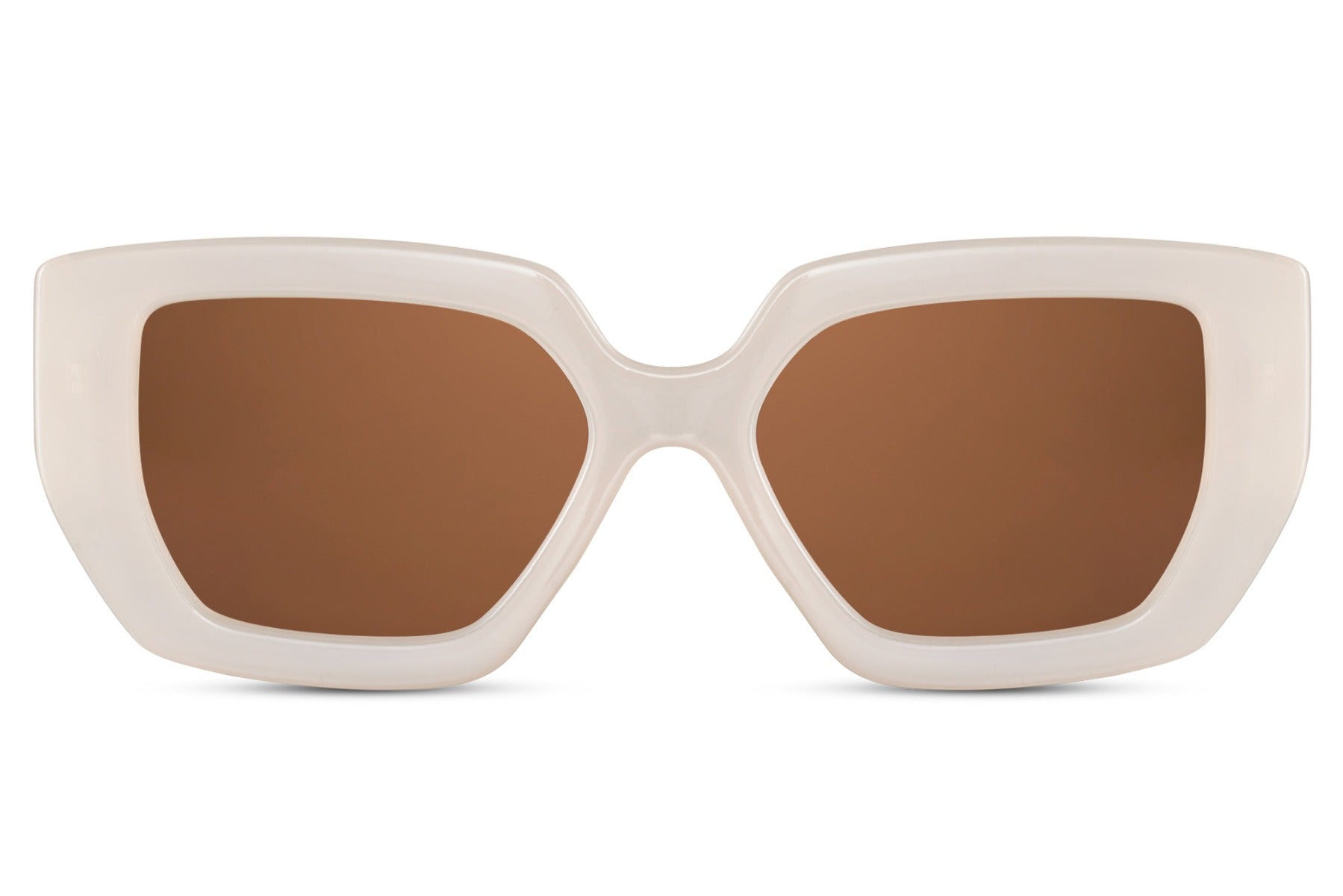 Bold geometric square sunglasses with white frame and brown UV protection lenses for statement fashion styling