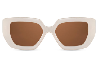 Bold geometric square sunglasses with white frame and brown UV protection lenses for statement fashion styling