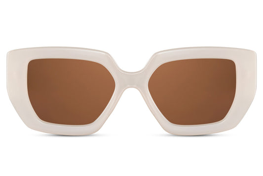 Bold geometric square sunglasses with white frame and brown UV protection lenses for statement fashion styling
