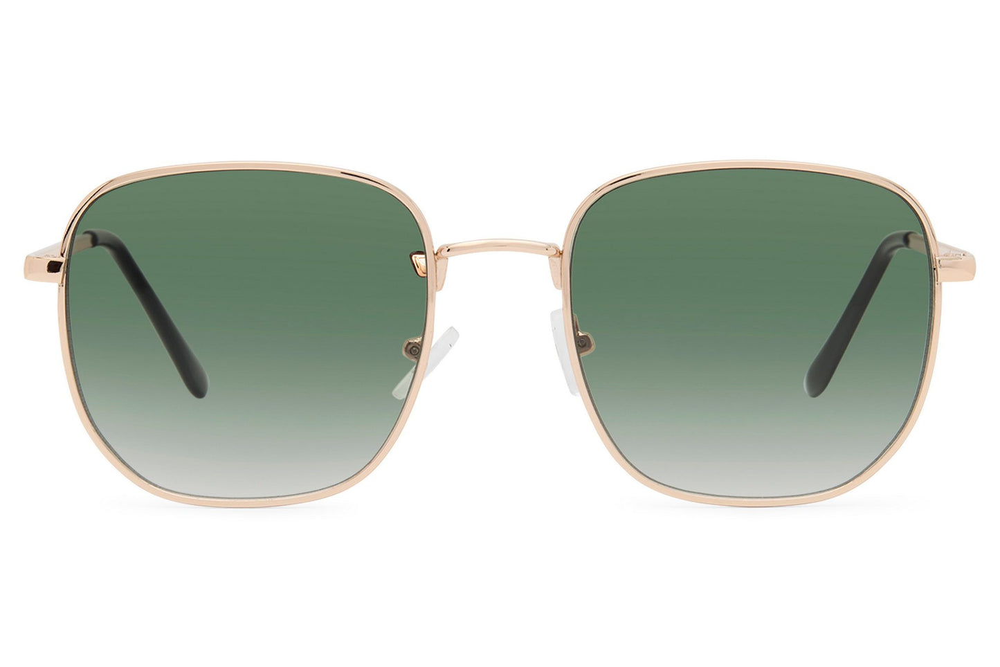 Bold square sunglasses with green lenses and slim metal frame for modern women’s street style fashion